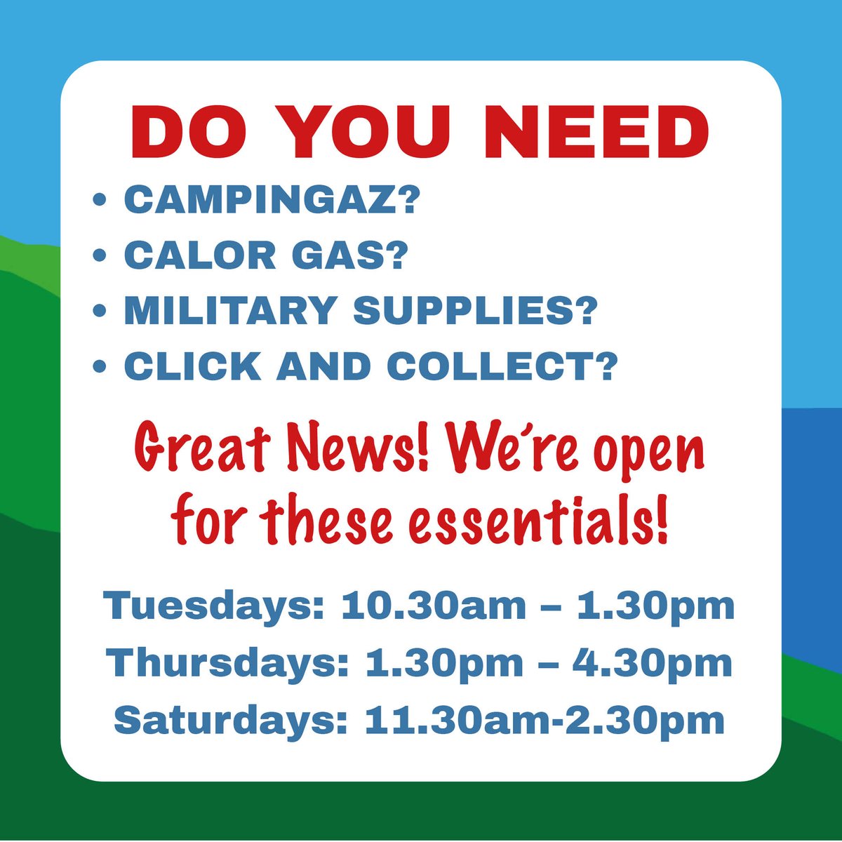devonoutdoor's tweet image. Open today from 1.30pm until 4.30pm for essentials as well as click and collect website orders.
#openforessentials #clickandcollect #calorgas #camping #barnstaple #northdevon