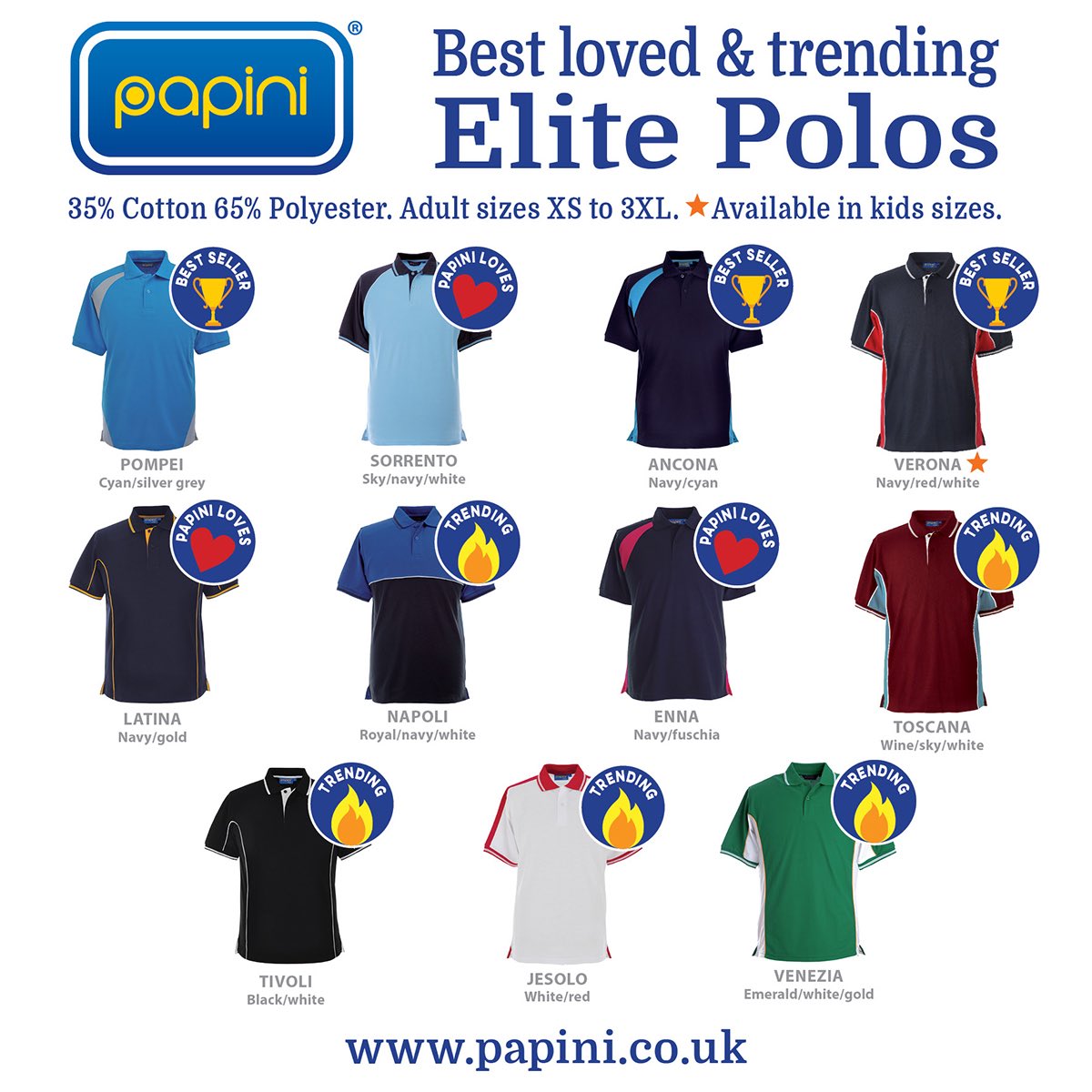 Papini best loved &amp; trending Elite polos! These are popular all year round, 28 colourways, fantastic for making your company logos stand out, bespoke polo off the shelf and in stock today, why not upgrade your plain polos to a contrast one #trending #workwear #loved #elitepolo