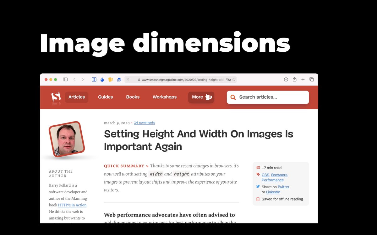 14) Image dimensions“Setting Height And Width On Images Is Important Again”:  https://www.smashingmagazine.com/2020/03/setting-height-width-images-important-again/