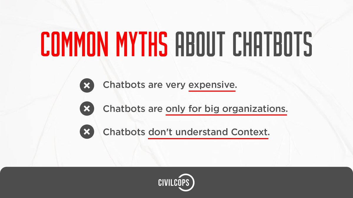 civilcops's tweet photo. AI has revolutionized Chatbots so much that they have become a significant part of the customer support system. Despite that, some users consider that Chatbots are not for them😞. AI Chatbots debunk these myths. 🤖💬✅

#chatbots #Humpday #Myth #Mythology #Blogs #CivilCops https://t.co/Ou6Bq9bC9G
