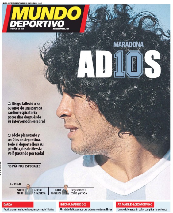 Spain: AS - 'God is dead'Mundo Deportivo - 'AD10S'Sport - 'God is already in heaven'