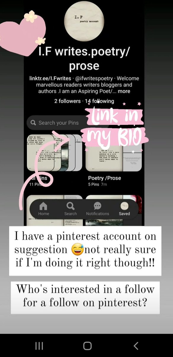 Anybody on here on pinterest and looking for a follow for a follow ?linktr.ee/I.Fwrites 

Drop your links below I will follow you back 😊