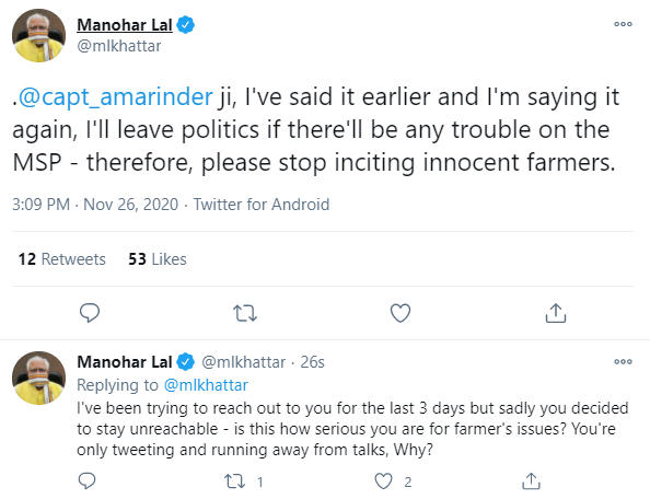 timesofindia's tweet photo. "Capt Amarinder Singh, I'm saying it again, I'll leave politics if there'll be any trouble on MSP - therefore, please stop inciting innocent farmers. I've been trying to reach out to you for last 3 days but sadly you decided to stay unreachable...," tweets Haryana CM ML Khattar https://t.co/AoWwwYVxUL