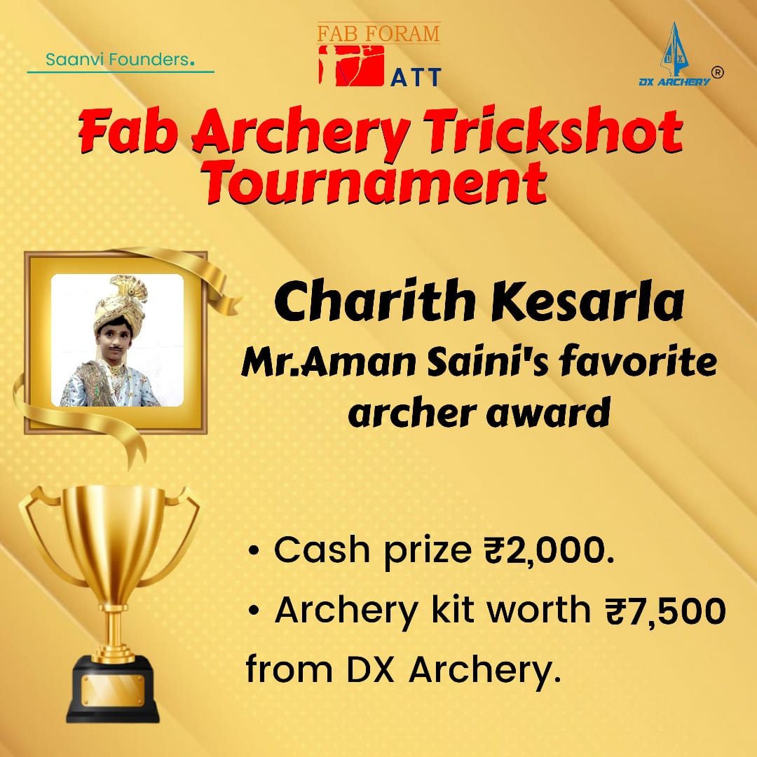 attournament's tweet photo. Congratulations!!! Charith Kesarla for becoming @ArcherAmanSaini Favorite Archer in Fab Archery Trickshot Tournament. 

Keep up your good work. Practice hard and take your archery skills to the next level.
All the Best!!! 

#sports #archery #learn #ConstitutionDay2020 #amansaini https://t.co/uG6TrSf7UN