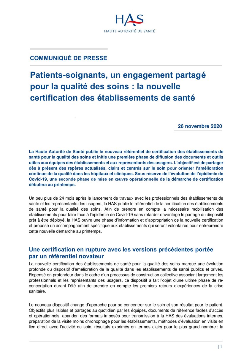 HAS_sante's tweet photo. #Communiqué | Publication du référentiel de certification des établissements de santé pour la qualité des soins

▪ 1ère phase : diffusion des documents et outils
▪ Au printemps, selon l'évolution de l'épidémie #COVID19 : mise en œuvre opérationnelle

👉 https://t.co/gEj9Ugzuw0 https://t.co/c3YG93DIIR