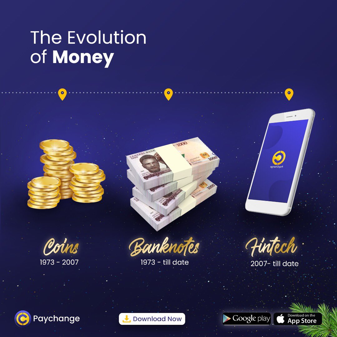 PaychangeN's tweet photo. #ThrowbackThursday 
The Evolution of Money..

The coin (1973 - 2007) 
The banknotes (1973 - till date)
The fintech was officially introduced in Nigeria in 2007 - till date

#Paychange #Fintech #SeamlessTransfer #Finance https://t.co/nmFqZ8LPqY