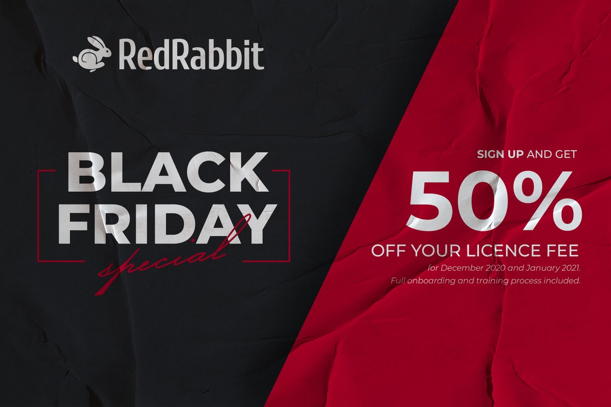 RedRabbitSA's tweet image. Sign up until 17:00 on 27 Nov 2020 and get 50% off your Dec 2020 and Jan 2021 licence fee. Full onboarding and training process included.

Click on the following link during our Black Friday promotion: secure.redrabbit.zone/register
#blackfriday #redrabbit #techenabled #propertymanager