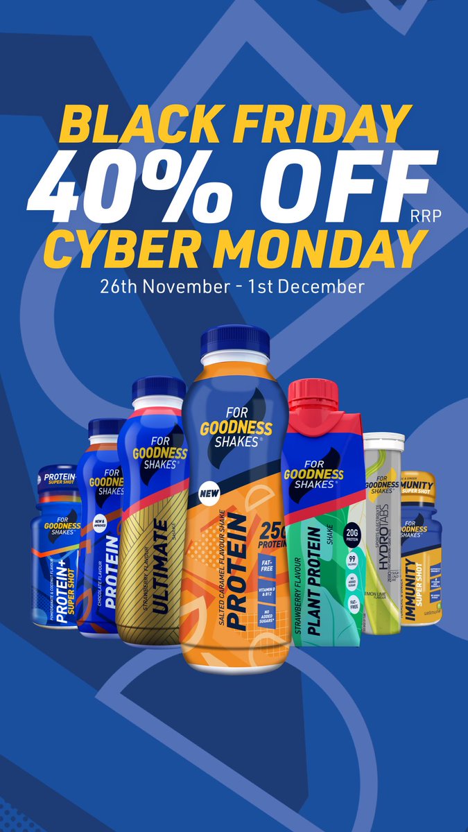 Our Black Friday sale has landed! 🚀 Save 40% off RRP on our entire range when you spend £20 or more. Shop now at ForGoodnessShakes.com

#blackfriday #feelthegood #protein #proteinshakes #forgoodnessshakes