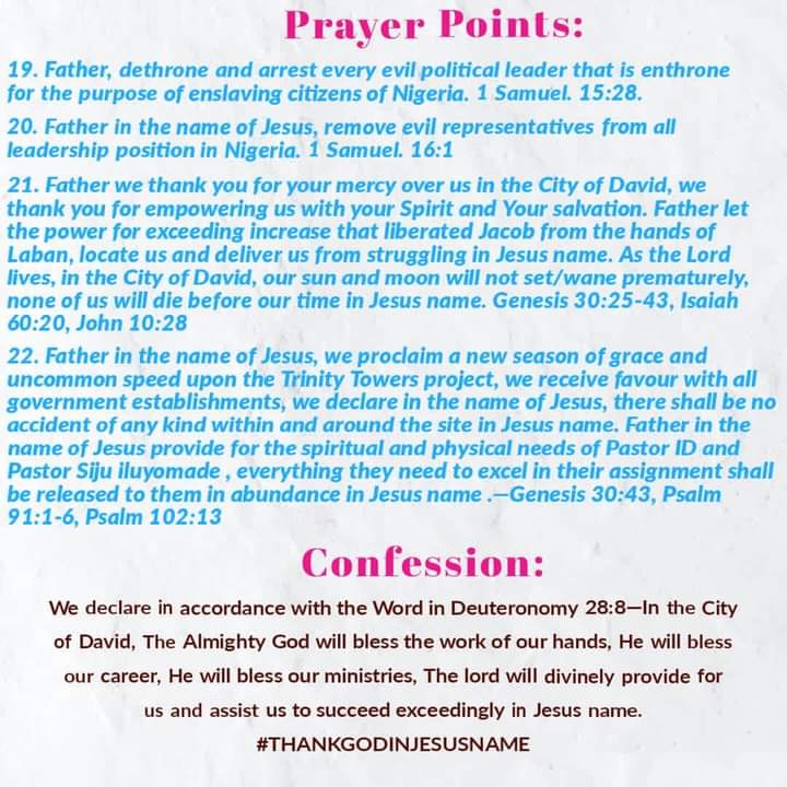 RCCGCityofDavid's tweet photo. PRAYER POINTS for Day 24 of #RCCGFast ππ½
Prayer Focus: DIVINE PROVISION AND ASSISTANCE
#30DaysFast
#ThankingGodInJesusName
#CODDailyPrayerPoints https://t.co/6j61HyVVrQ