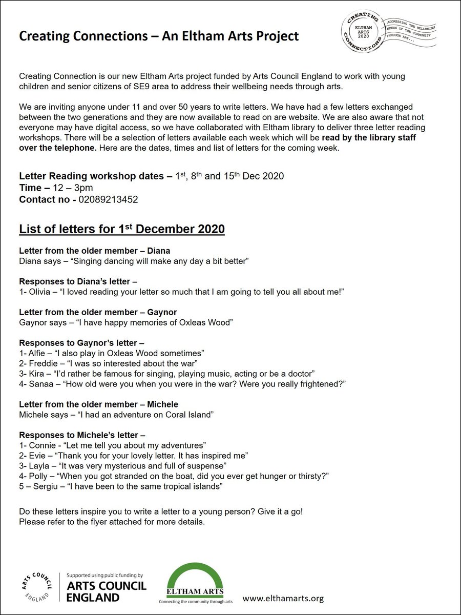 ElthamArts's tweet photo. Here is the list of letters for our first letter reading day on 1st Dec @ElthamLibrary planned for older members. So, if you know anyone in your neighbourhood or a friend or someone in your family who would like to listen to a letter from a young person, then please share this. https://t.co/qxROVAv8R3