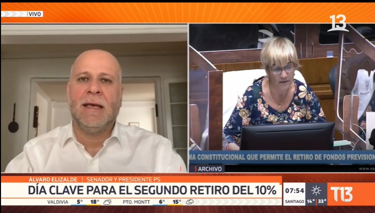 PSChile's tweet image. "Promovimos el retiro del 10% porque el Gobierno no ha actuado con celeridad y decisión para proteger a las familias chilenas. Aquí se requiere un rol activo del Estado, más cuando Chile tiene ahorros y capacidad de endeudamiento", dice @alvaroelizalde en @T13 #SegundoRetiroAFP