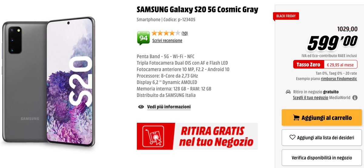 Samsung Galaxy S20 5G al miglior prezzo nel Black Friday MediaWorld https://t.co/6nleQv67ql https://t.co/HzsJaT2ooE