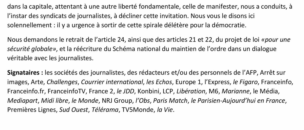 Société des journalistes du Figaro (@sdjdufigaro) on Twitter photo #LoiSécuritéGlobale «Monsieur le premier ministre, il y a urgence à sortir de cette spirale délétère pour la démocratie» : une lettre ouverte signée par une trentaine de SDJ dont celle du Figaro #LoiSécuritéGlobale «Monsieur le premier ministre, il y a urgence à sortir de cette spirale délétère pour la démocratie» : une lettre ouverte signée par une trentaine de SDJ dont celle du Figaro