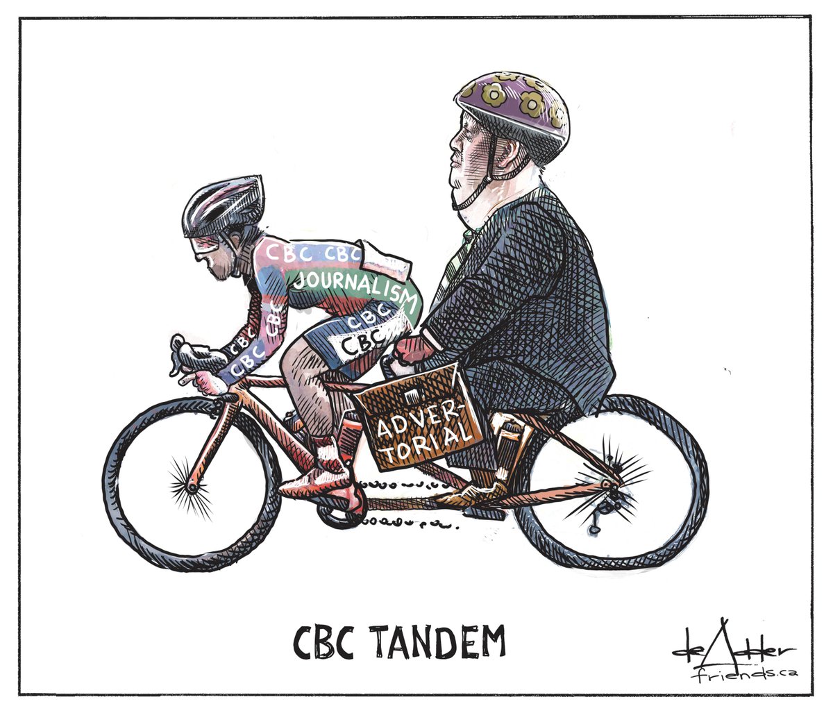 Friends of Canadian Broadcasting is now weighing in calling for an end to CBC's Tandem project - selling ads disguised as CBC journalism. By political cartoonist <a href="/deAdder/">Michael de Adder</a>