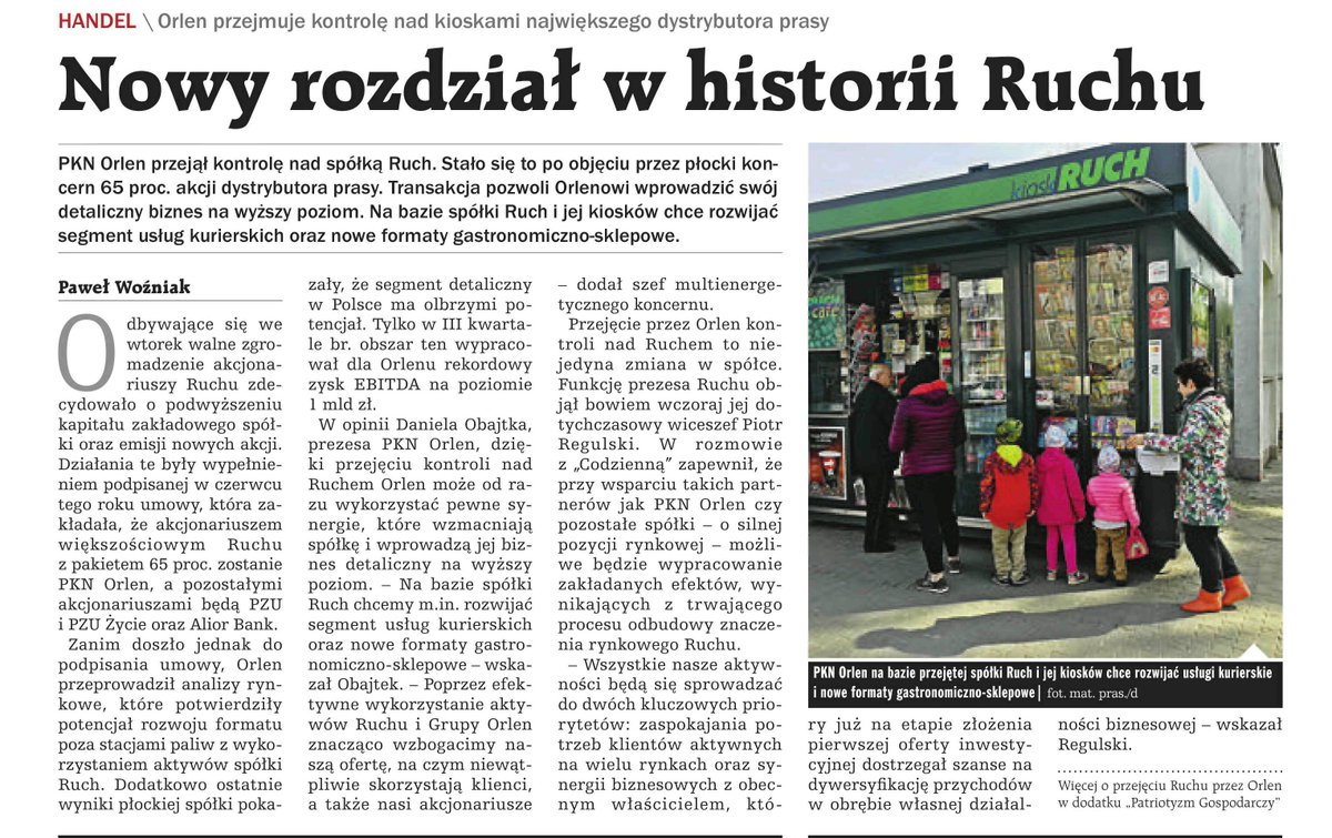 ruch_sa's tweet photo. @GPCodziennie o przejęciu RUCH S.A. przez @PKN_ORLEN 

#RUCH #ORLEN https://t.co/bCVBMthNcR