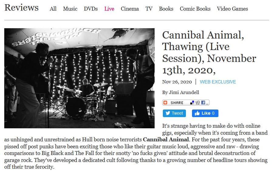 REVIEW \\ Cannibal Animal - Thawing (Live Session) ❄️

Caged thanks to COVID-19, Hull's most vicious band give us a just a taste of their anger &amp; ferocity with a stylised streamed gig filmed in their own private lair.

Read my review for UNDER THE RADAR: bit.ly/2V30mbZ