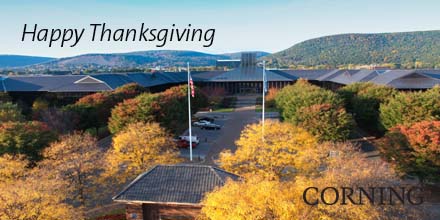 Corning's tweet photo. Happy #Thanksgiving! We're thankful for all our employees who are dedicated to developing the next generation of life-changing innovations to improve the world! https://t.co/ycqKwt62aH