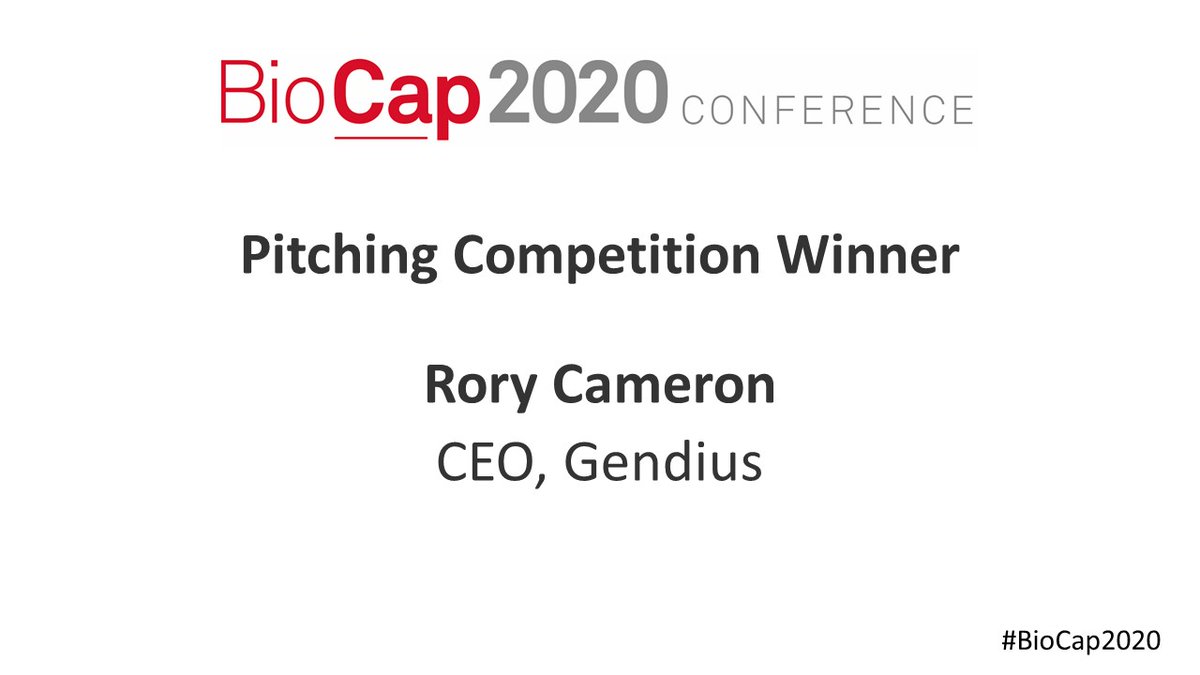 bionowevents's tweet photo. @Bionow @gmclifesciences is delighted to announce the Winner of the #BioCap2020 Pitching Competition as Gendius @intellin_ Congratulations to CEO Rory Cameron who delivered a fantastic pitch to the panel of judges @AmadeusCapital @longwallventure @AlbionVC Bridge Valley Ventures https://t.co/Q4e6wv3EWO