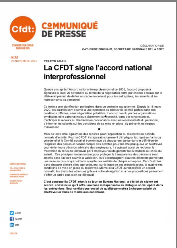 Des millions de travailleurs sont aujourd’hui concernés par le #télétravail. Cet accord lui donne un cadre et des règles. A nous de les faire vivre dans chaque entreprise grâce au dialogue social