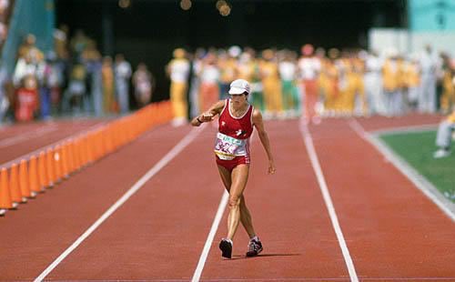 #126Gabriela Andersen-Schiess was 39 when she competed at the 1984 Marathon. She ran a good race but as she was approaching the last 100 meters, the LA humidity got to her - dehydrated , her legs gave inShe shooed the officials away - she wanted to finish on her own 