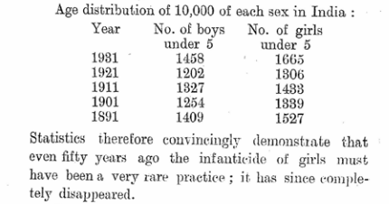 Even till the British era the rate of female infanticide was insignificant. The number of girls at an age was higher than the number of boys at the same age.