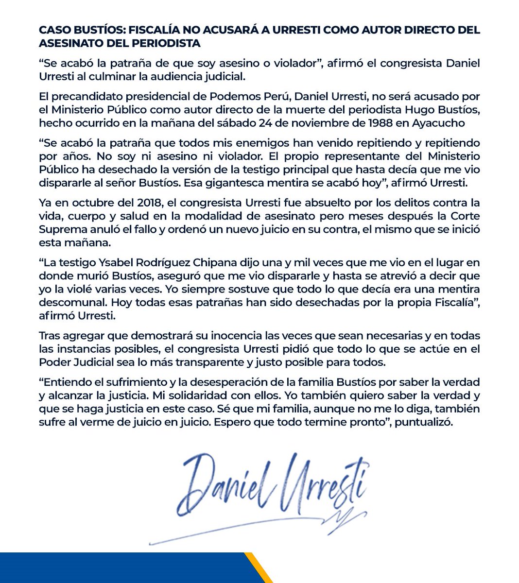 DanielUrresti1's tweet photo. ¡Se cayó la patraña! Fiscal del caso Bustíos desechó alucinada versión de testigo que decía que me vio dispararle al periodista y que, además, la violé. #UrrestiPideJusticia @RPPNoticias @canalN_ @exitosape @diariocorreo @larepublica_pe @elcomercio_peru @atv_noticias https://t.co/XRCqCyAiZK