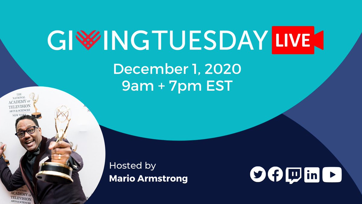 GivingTuesday's tweet image. Join us on Dec 1 at 7pm EST right here on Twitter for the official #GivingTuesday livestream, hosted by @marioarmstrong! We'll be checking in with do-gooders all around the world to talk about how communities are giving back in creative ways.