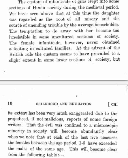 Even till the British era the rate of female infanticide was insignificant. The number of girls at an age was higher than the number of boys at the same age.