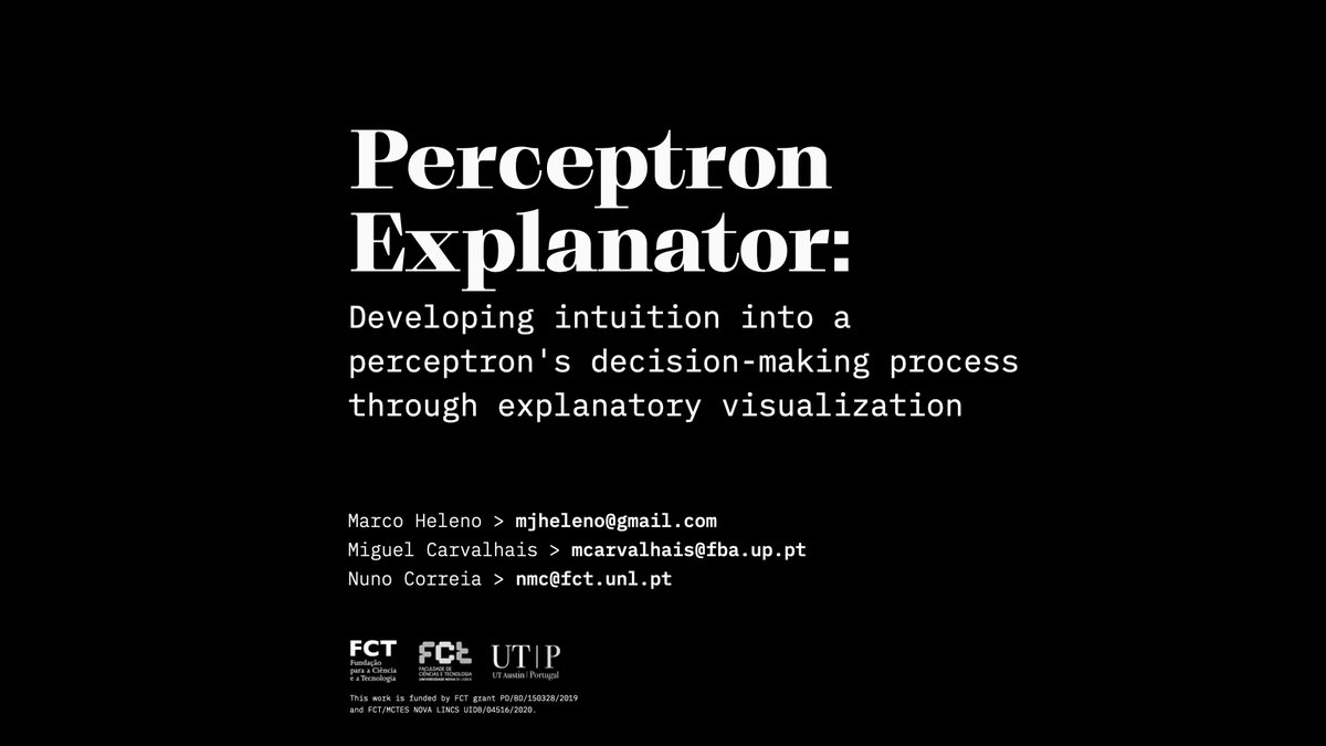 Marco Heleno (@marcoheleno) on Twitter photo "Perceptron Explanator: Developing intuition into a perceptron's decision-making process through explanatory visualization", by <a href="/marcoheleno/">Marco Heleno</a> @mlcarvalhais and Nuno Correia, presented today at Artefacto Conference 2020, now available at invitrolab.eu/ARTeFACTo2020_…
#xai #visualization "Perceptron Explanator: Developing intuition into a perceptron's decision-making process through explanatory visualization", by <a href="/marcoheleno/">Marco Heleno</a> @mlcarvalhais and Nuno Correia, presented today at Artefacto Conference 2020, now available at invitrolab.eu/ARTeFACTo2020_…
#xai #visualization