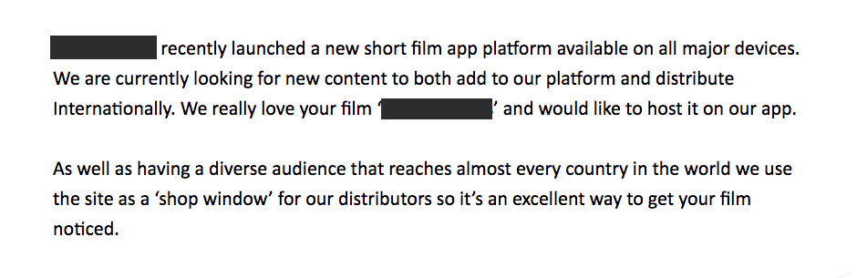 This year alone I’ve received 9 emails from one such outfit, concerning various different films. Here are two of them—about two different films—using exactly the same wording!