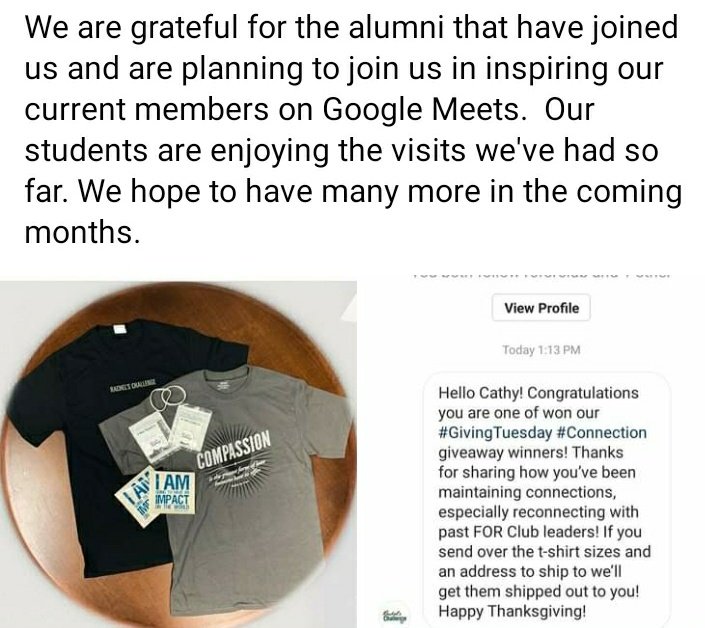 cathymcfred's tweet photo. We hope you can make it to one of our Monday meetings at 3:15 for a chance to win one of these great items we received from Rachel's Challenge!

We are grateful for the alumni that have joined us and are planning to join us in inspiring our  current members on Google Meets. https://t.co/L7uolcExP8