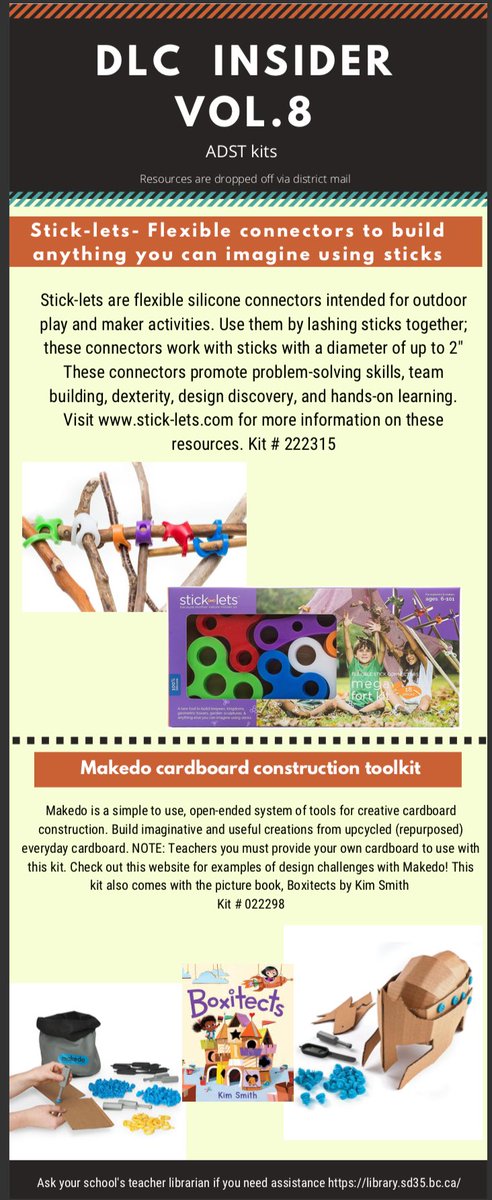 This week’s DLC Insider Vol 8 is all about #adst  We are featuring both <a href="/HelloSticklets/">STICK-LETS®</a> and <a href="/Makedo/">Makedo</a> Sign out this kit through the District Learning Commons from your school’s library catalogue <a href="/LangleySchools/">Langley Schools</a> #sd35llc #dlcsd35