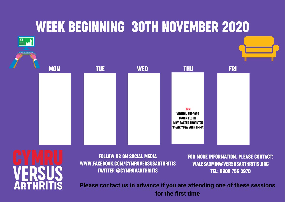 Cymru Versus Arthritis (@cymruvarthritis) on Twitter photo Here is our calendar for the week starting 30th November.
We have Chair Yoga with Emma on Wednesday 3rd December at 1pm
These sessions are open to anyone living with arthritis or an MSK condition in Wales.
Please email walesadmin@versusarthritis.org for full access information Here is our calendar for the week starting 30th November.
We have Chair Yoga with Emma on Wednesday 3rd December at 1pm
These sessions are open to anyone living with arthritis or an MSK condition in Wales.
Please email walesadmin@versusarthritis.org for full access information