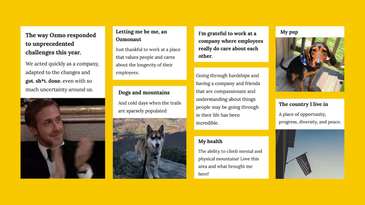 OzmoApp's tweet photo. Happy #Thanksgiving from Ozmo! We wish you all a safe and happy holiday. 🦃 🍂 Swipe to see some of the many things our Ozmonauts are #grateful for from our #virtual company Gratitude Wall. ⁣➡️ https://t.co/AIoBWbHqOm