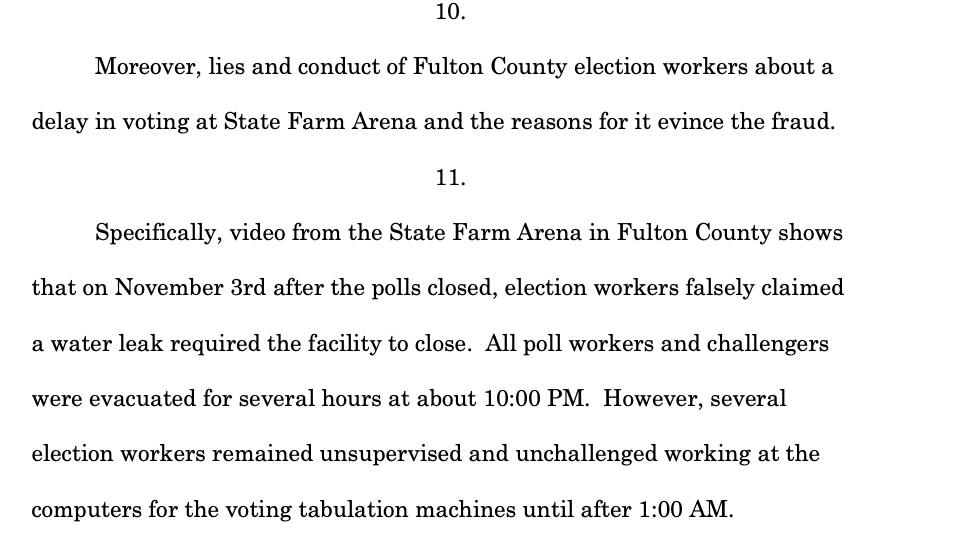 Here, the suit conflates monitors allegedly being told to go home early on Election Night (but state investigators were still there) with an issue the morning of Election Day with a water leak/pipe that delayed absentee processing.