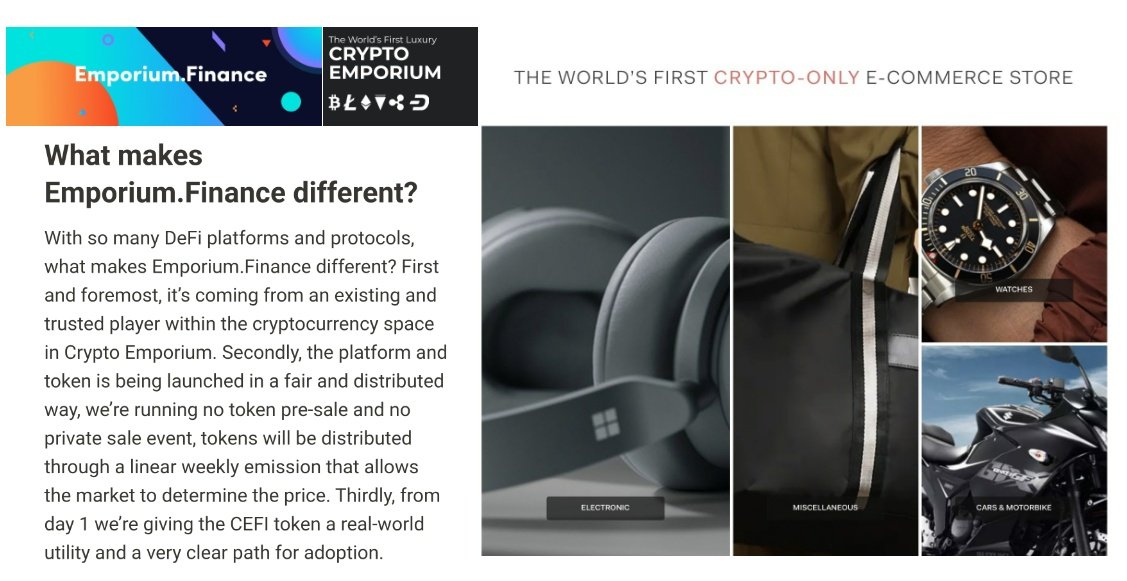 Platform |  @CryptoEmporium_ are using  $CEFI to launch their on-chain P2P Marketplace + Governance Rewards!> No private sale or pre-mine> Fair distribution via linear weekly emmissions> Immediate real-world use-case via it's crypto-only E-commerce store