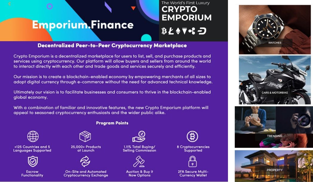 Earn  $CEFI early via LP mining program:  http://emporium.finance Key platform features of  @CryptoEmporium_> 125+ countries> 25k+ products at launch> Uses 8 cryptocurrencies> Escrow functionality> Auction & buy now options> On-site automated crypto exchange> 2FA secure