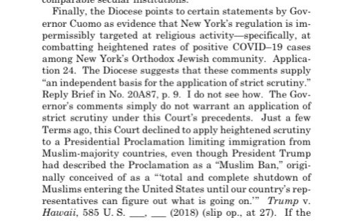 Justice Sotomayor pointed out that challengers seized up statements NY Gov Cuomo made as a sign of anti-religious bias but that when upholding Trump’s travel ban the conservative justices glossed over his call for a “total and complete shutdown of Muslims to the United States”