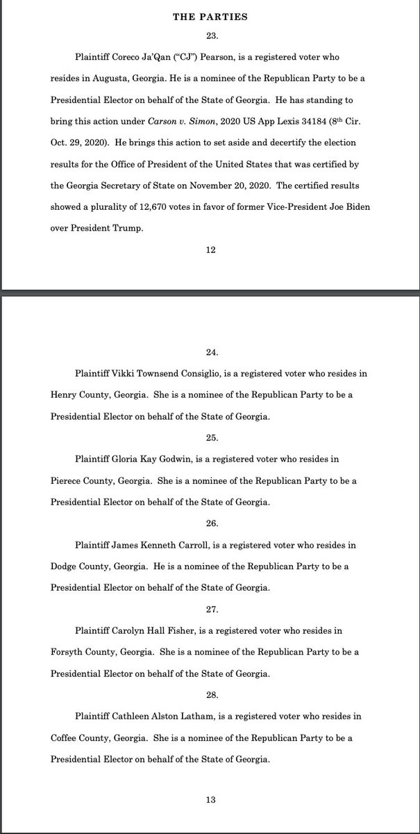 This suit is being brought by Georgia GOP presidential electors as well as chairman of the Cobb County GOP and assistant secretary of GAGOP, so this conspiracy-laden, typo-ridden lawsuit is being endorsed and pushed by the state and local party.  #gapol  https://www.documentcloud.org/documents/7332984-Sidney-Powell-Georgia-Lawsuit.html