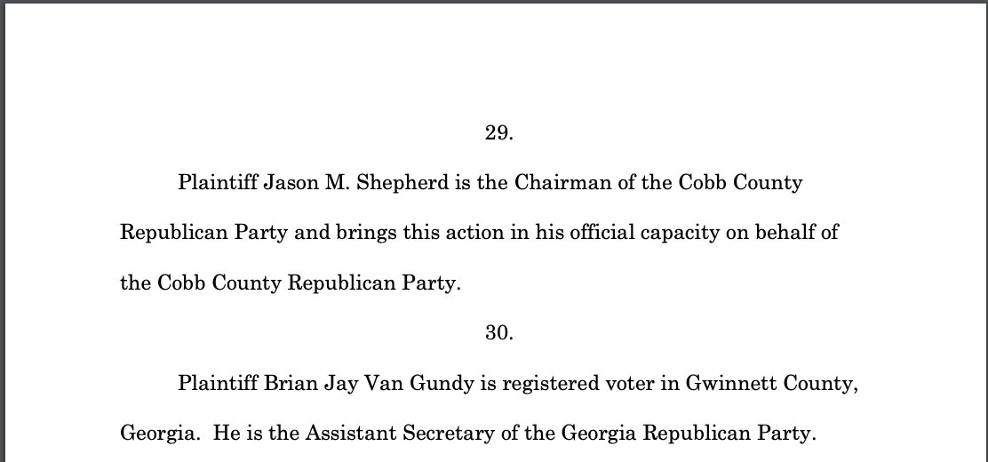 This suit is being brought by Georgia GOP presidential electors as well as chairman of the Cobb County GOP and assistant secretary of GAGOP, so this conspiracy-laden, typo-ridden lawsuit is being endorsed and pushed by the state and local party.  #gapol  https://www.documentcloud.org/documents/7332984-Sidney-Powell-Georgia-Lawsuit.html