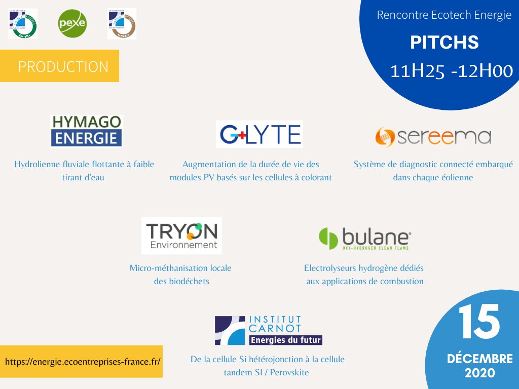 PexeFrance's tweet photo. 📢⚡️Rencontre #Ecotech Energie -15 décembre 2020 @Extra_and_Co #EnergICs
Pitchs de solutions innovantes en #Production par #HymagoEnergie #GLyte @SereemaContact @tryonfrance @Bulane @CarnotEF
👉https://t.co/W97dn5o73t #EnergiesPourDemain https://t.co/Mf8G4Ww4Bv