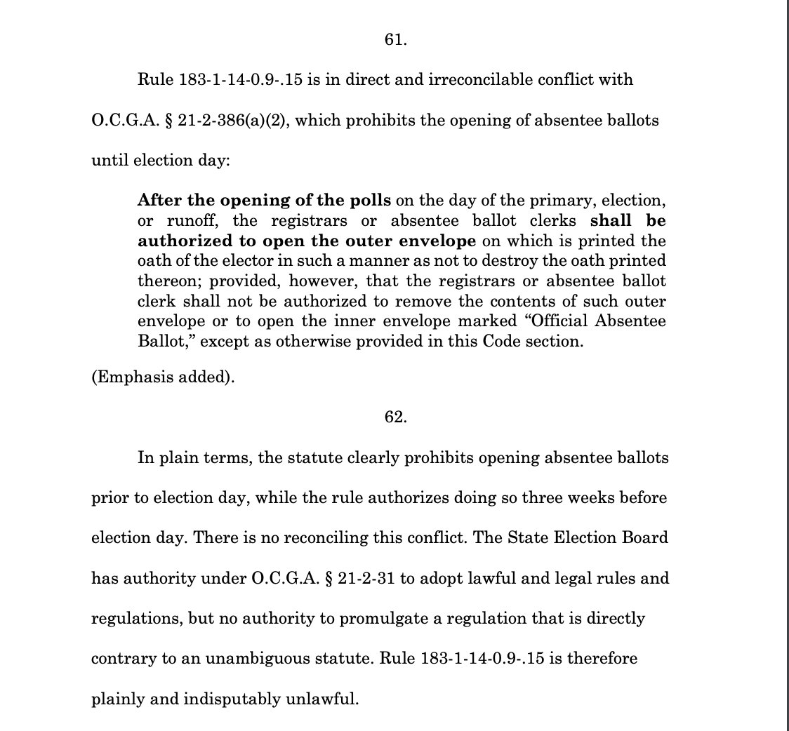 This argues that the emergency SEB rule allowing counties to begin processing absentee ballots before Election Day (2 weeks, not three, and allowing results to come quicker) is not allowed because the SEB (a rulemaking body) isn't allowed to make that rule.