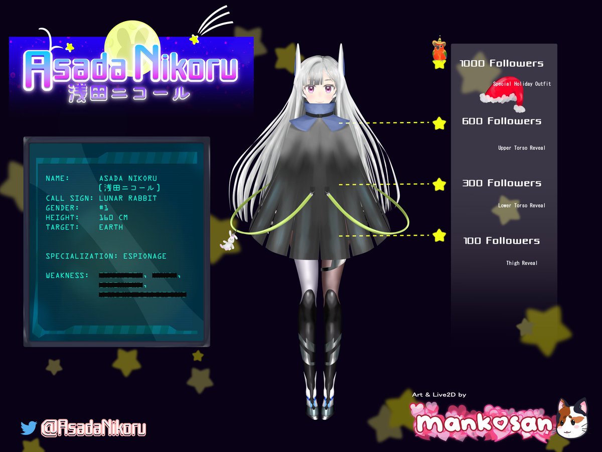 AsadaNikoru's tweet photo. Greetings, Earthlings ★彡
Zankyou to my Earthlings for helping me become an affiliate!

As promised, I am setting goals to speed up my debut soon! 

I hope to meet new earthling friends and vtubers, yes yes. ☆彡

#Vtuber  #VTuberEN #AsadaNikoru #Live2D #mankosan https://t.co/5AUBPBhYjV