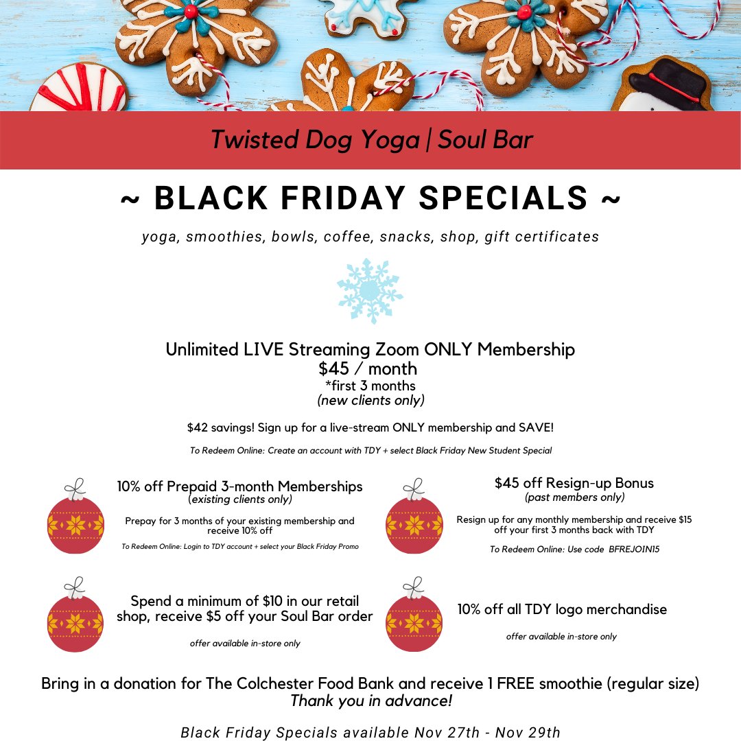 twisteddogyoga's tweet photo. Black Friday Specials + Adjusted Soul Bar Hours - https://t.co/bbEmxoPlbC https://t.co/pHTju7anqp