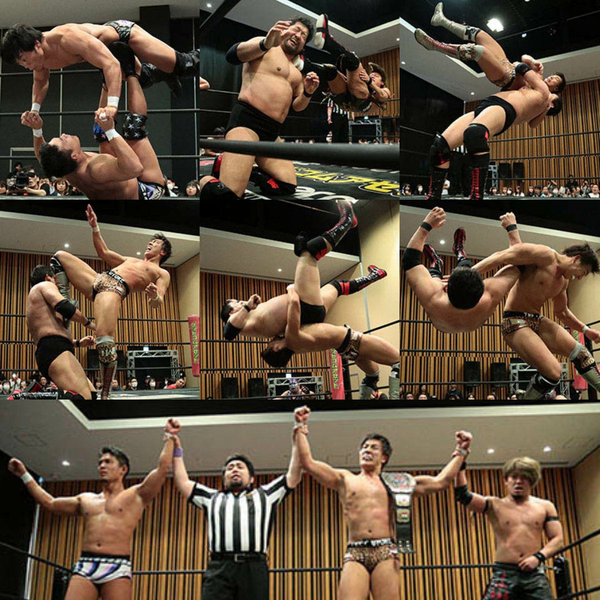 DDT_GENERATION's tweet photo. Konosuke Takeshita, Shunma Katsumata &amp; Akito ~vs~ Shuji Ishikawa, Tetsuya Endo &amp; Mad Paulie - DDT Sunday Kasukabian 2018.3.18

▶️ https://t.co/QiCyEZ7RcQ

#AJPW
#石川修司
#プロレス
#彰人
#勝俣瞬馬
#竹下幸之介
#DDTpro https://t.co/yAVYkm1KNr