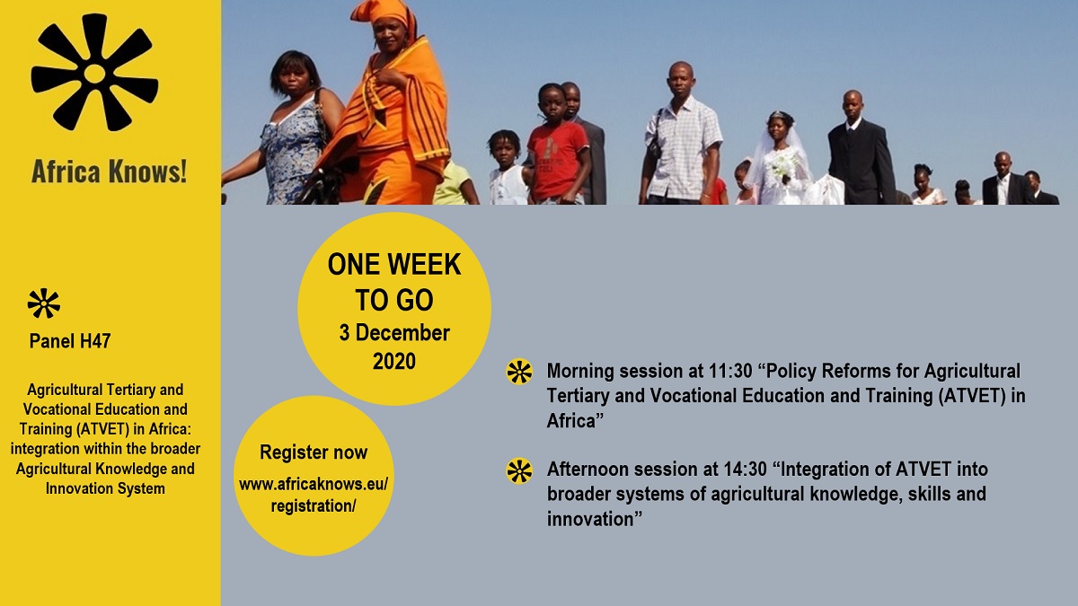 #2020AfricaKnows #Panel47 | One week left: on 3 Dec @NufficGD <a href="/ruforumsec/">RUFORUM</a> <a href="/WUR/">Wageningen U&R</a> organize 2 sessions on "Agricultural Tertiary and Vocational Education and Training #ATVET in Africa: integration within the broader Agricultural Knowledge &amp; Innovation System" 
africaknows.eu/registration/