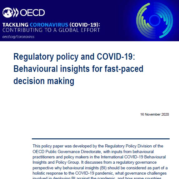  NEW PAPER ALERT  @OECD policy paper on  #Behaviouralinsights  #Covid_19 &  #regulation!Analyses: Need for BI policies for COVID-19Challenges facing BI practitioners Solutions via cases from 9 countries! More:  http://oe.cd/BICovid19&nbsp; KEY MESSAGES thread 