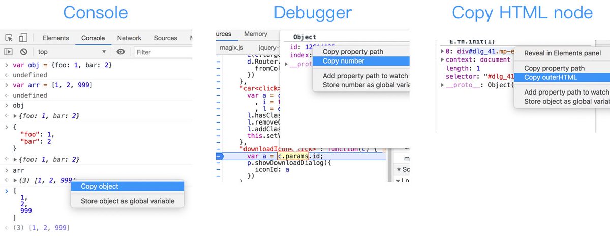 I recently implemented the Copy Object features for 
<a href="/ChromeDevTools/">Chrome DevTools</a>
 and you no longer need to enter copy() in the Console. 

It also supports the indentation configuration in DevTools, 
Try it in Chrome Canary! I hope you like it. 😝😝😝

chromium-review.googlesource.com/c/devtools/dev…