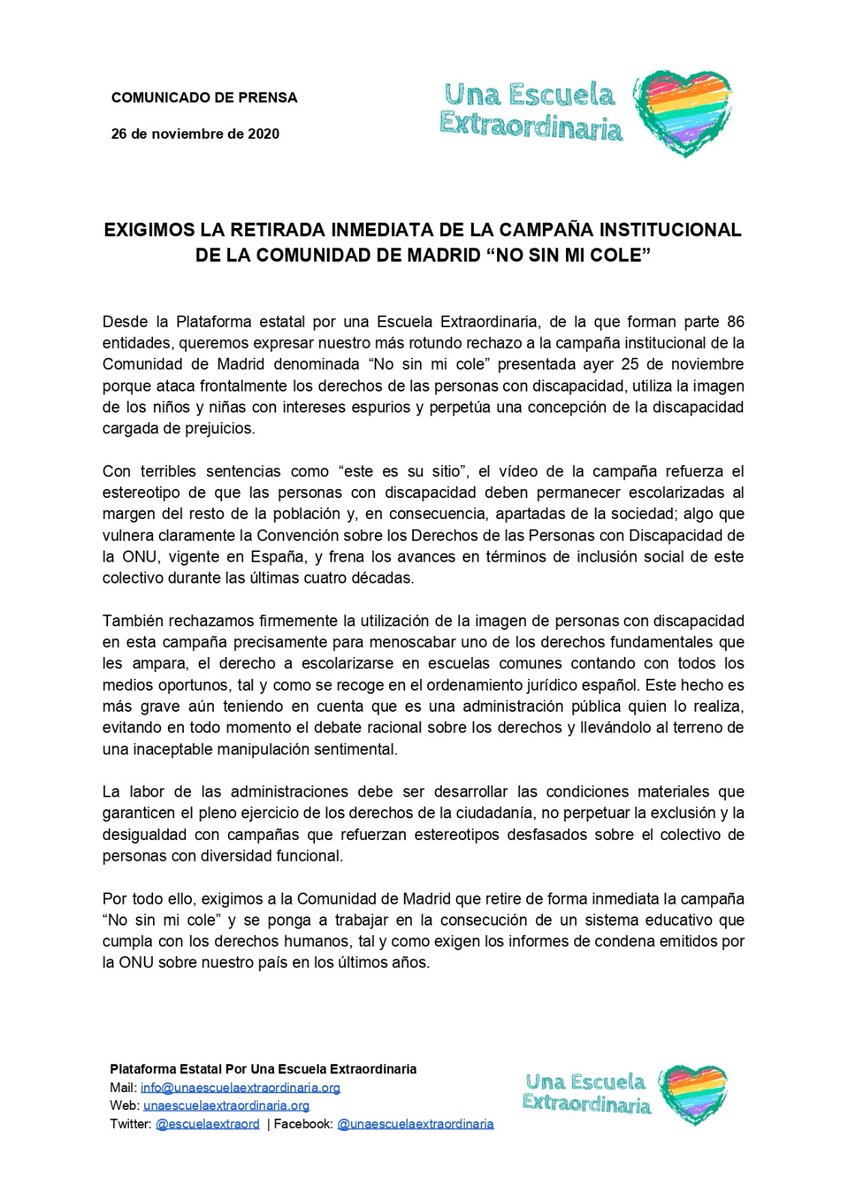 escuelaextraord's tweet photo. Exigimos a la @ComunidadMadrid que retire de forma inmediata la campaña institucional “No sin mi cole”, que atenta contra los DDHH de las Personas con Discapacidad d la ONU
#esteSIestusitio #PorUnaEscuelaExtraordinaria

https://t.co/8fVVyCdHdb https://t.co/nAnFJ2OI6R