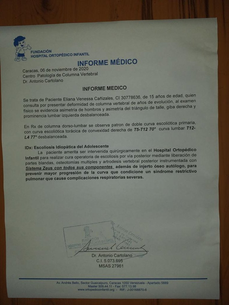 ZulyHurtado1's tweet photo. @FabiiRosales buenos días, espero esté bien, por favor por éste medio le solicito una ayuda para un caso de salud de mi hija, ella requiere de una intervención quirúrgica, debe ser operada de su columna vertebral, no tenemos recursos, gracias https://t.co/z2nr2Z1gBc